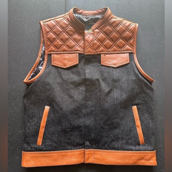 Large Leather & denim Motorcycle vest by Leatherick - Picture 1 of 3